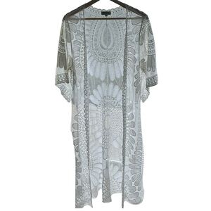 Rebellion White Lace Kimono Swim Coverup Boho Beach Duster Size S Sheer Floral